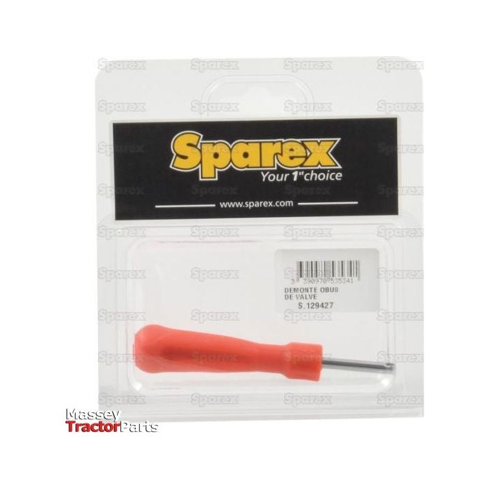 A Tyre Valve Removal Tool Agripak 1 pc., featuring a red handle, is displayed in its original packaging labeled "Sparex Part No.S.129427" from Massey Tractor Parts, branded as Sparex.