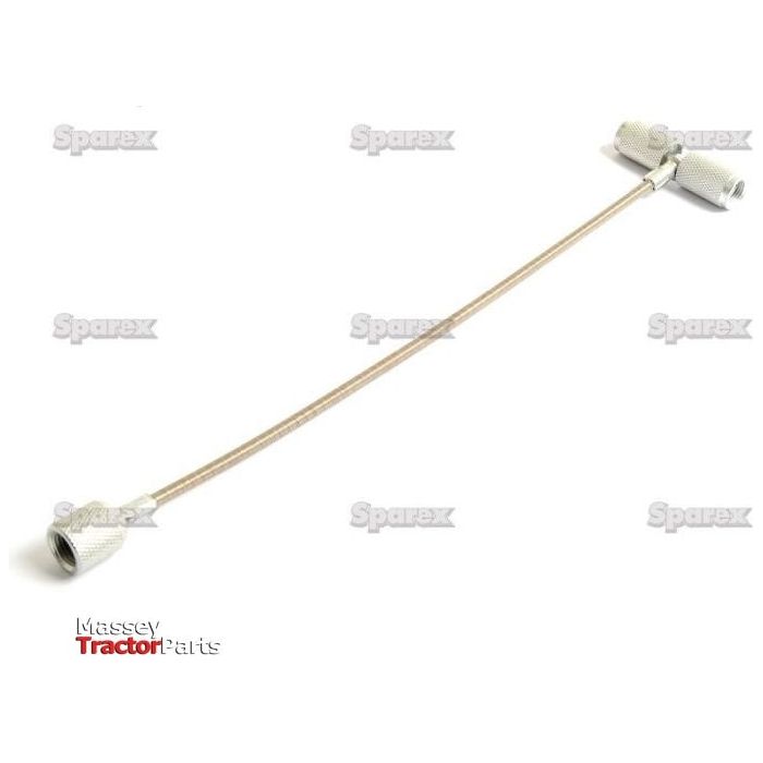 Image of a flexible, metallic extension tube with threaded ends, used for connecting tractor parts. The background displays multiple "Sparex" watermarks and "Massey Tractor Parts" text in one corner, along with fitting tubes marked for precise valve hole location. Featured product: Valve Finishing Tool | Sparex Part No.S.52267 from the brand Sparex.