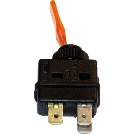 Close-up of the Sparex Toggle Switch - Universal Fitting, 3 () - S.26012, featuring an orange handle, black plastic body, and three metal prongs for electrical connections, designed for 12V systems.