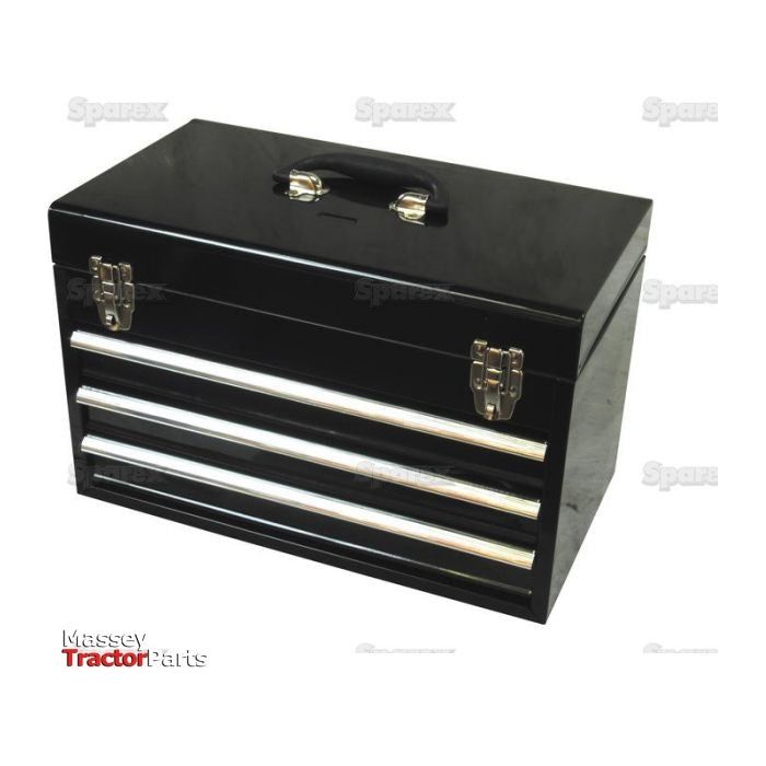 Sparex Part No.S.27304 black metal toolbox with a top handle, three drawers, and two silver latches, featuring Massey Tractor Parts and Sparex branding.