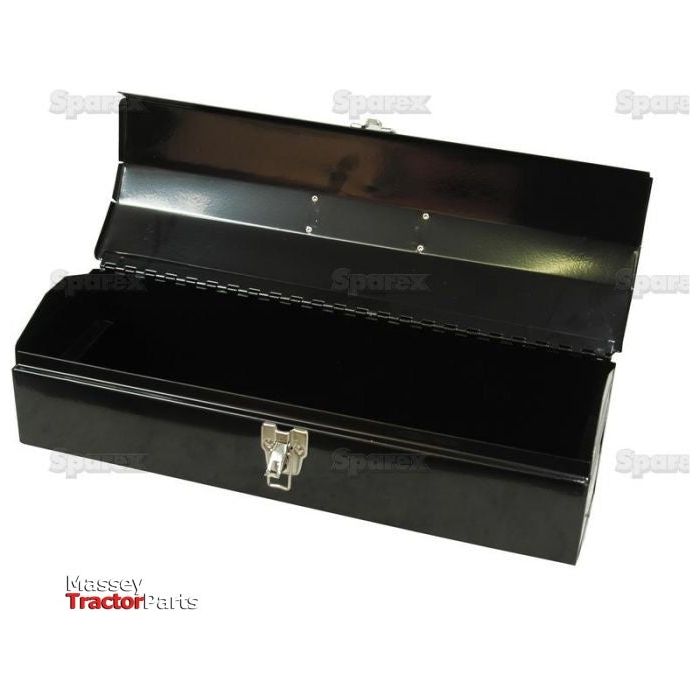 A black steel toolbox with an open lid and a latch in front, displaying an empty interior, branded with Sparex and Massey Tractor Parts, identified by Sparex Part No. S.27300.