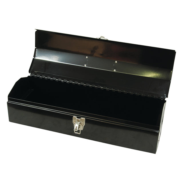 A Sparex Tool Box (Part No. S.27300) features an open black steel design with a latch in the front, an empty interior, and a lid that is currently open, showing its hinged structure.