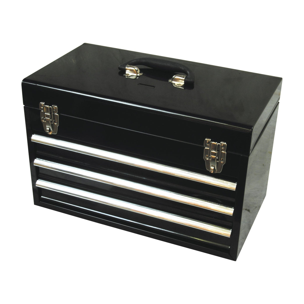 The Tool Box, Sparex Part No. S.27304 from Sparex, is black and features a handle on top along with three drawers secured by two silver latches.