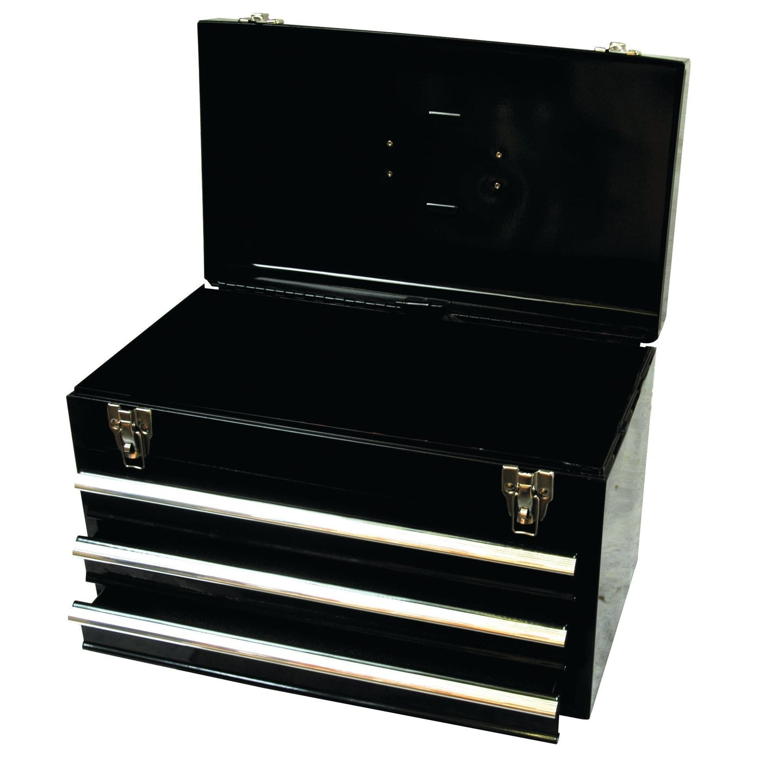 The Sparex Tool Box (Sparex Part No. S.27304) is a black toolbox featuring an open lid, three spacious drawers, and silver handles, making it a practical addition to your workshop.