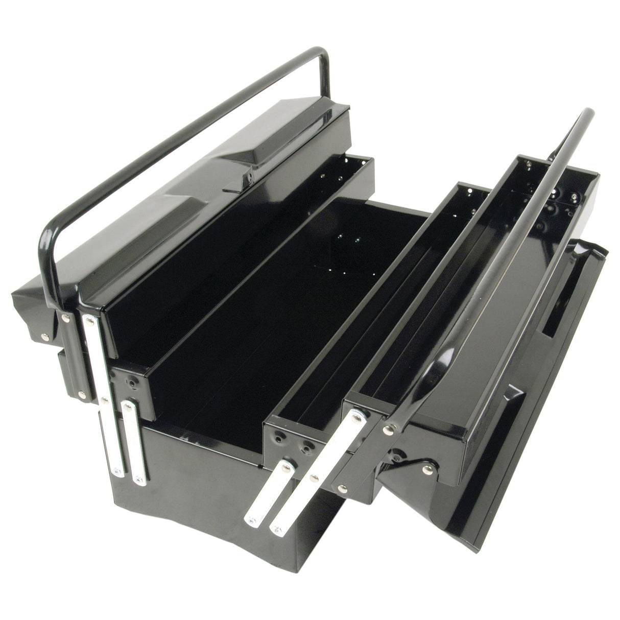 A Sparex Tool Box (Part No. S.27392) is a black steel cantilever tool box featuring multiple open compartments and a sturdy handle.