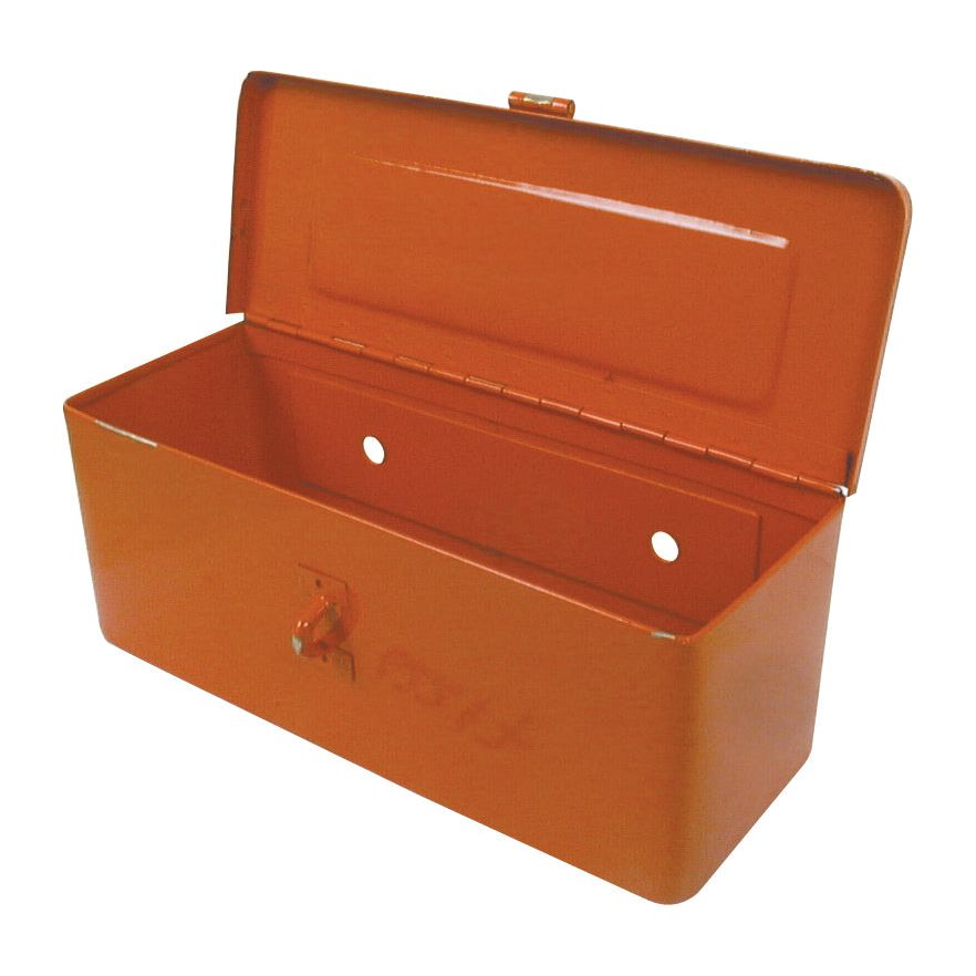 An empty, open Sparex toolbox (Part No. S.62247) with an orange finish and a latch on the front.