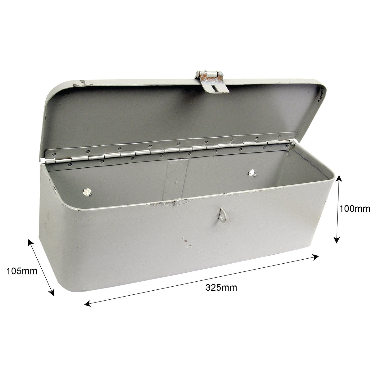 The Sparex Tool Box (Part No. S.66900) is a gray metal tool box with an open hinged lid, measuring 325mm in length, 105mm in width, and 100mm in height. It is perfectly suited for Ford / New Holland equipment.