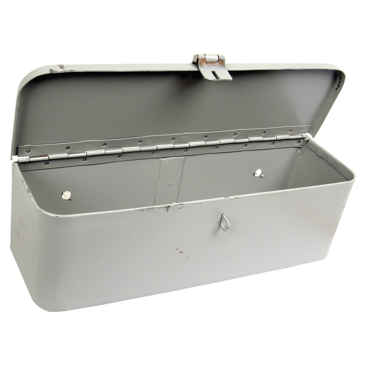 The Sparex Tool Box (Part No. S.66900) is open, revealing an empty interior within its gray metal build and hinged lid. This tool box is perfect for storing Sparex parts or accessories for Ford / New Holland equipment, featuring two small holes on the back and a latch on the front.