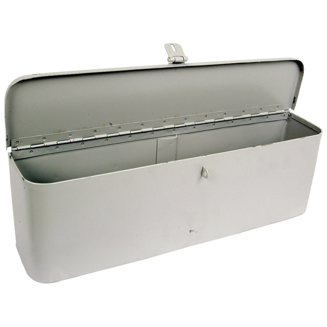 An open, rectangular, white-painted metal Tool Box | Sparex Part No. S.66901 by Sparex with a hinged lid and latch, shown empty.