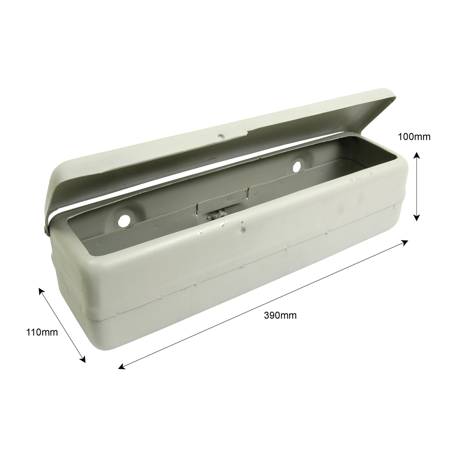 The Tool Box | Sparex Part No.S.67790 by Sparex is showcased as a white rectangular tool box with an attached lid. It measures 390mm in length, 110mm in height, and 100mm in depth, making it ideal for organizing your Ford accessories or New Holland tools.
