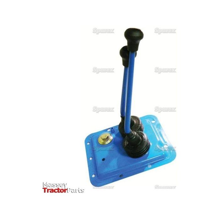 A blue tractor dual lever gear shifter assembly on a rectangular mounting plate, branded with Massey Tractor Parts and Sparex logos, featuring the Top Cover Assembly | Sparex Part No. S.60009 compatible with Ford New Holland models.