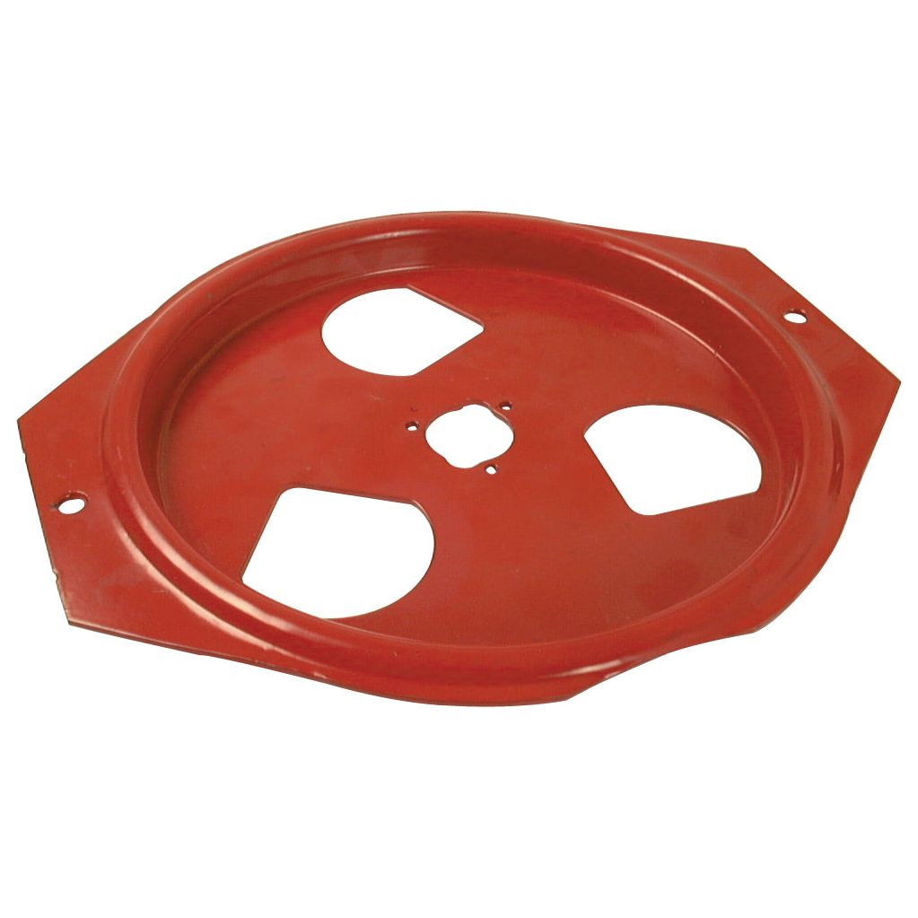 The Top Disc by Sparex, a red metal component with a circular shape, features two cut-out sections and mounting holes at the edges. It is ideal for replacing your Vicon PS04 or other machinery parts with Sparex Part No. S.59704 and fits as 79220016.