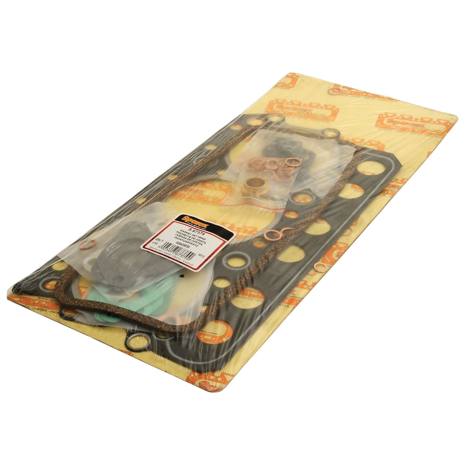 The Top Gasket Set (311D, DS) by Sparex, Part No. S.67379, for Sisu Diesel engines includes a complete set of gaskets and seals. It is enclosed in clear plastic with detailed product information on a sturdy cardboard backing and is suitable for Valmet & Valtra models.