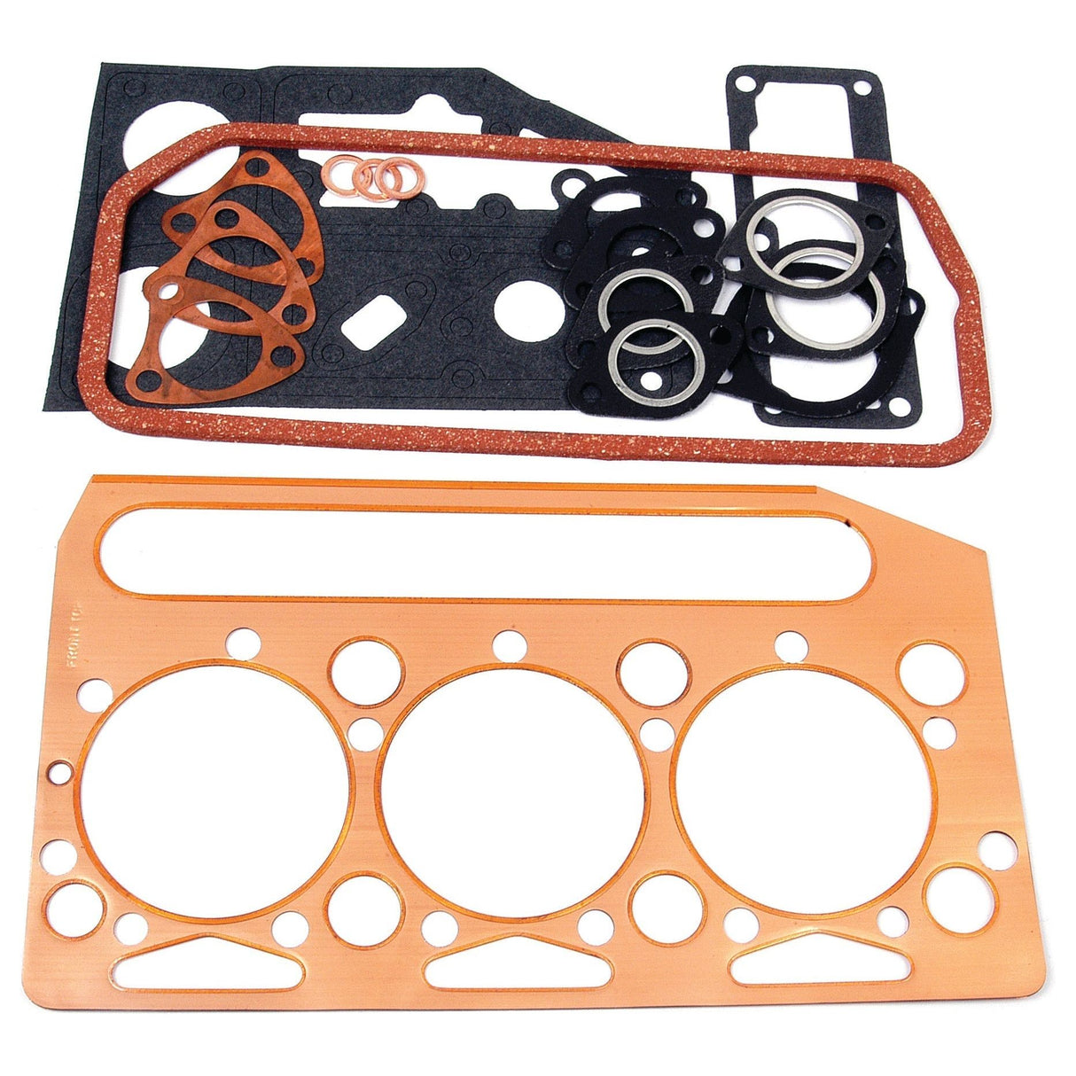 Introducing the Sparex Top Gasket Set - 3 Cyl. (A3.144, A3.152), Sparex Part No.S.40588: a versatile collection of automotive gaskets, featuring an asbestos-free copper cylinder head gasket and a variety of rubber, cork, and fiber gaskets in different shapes and sizes.