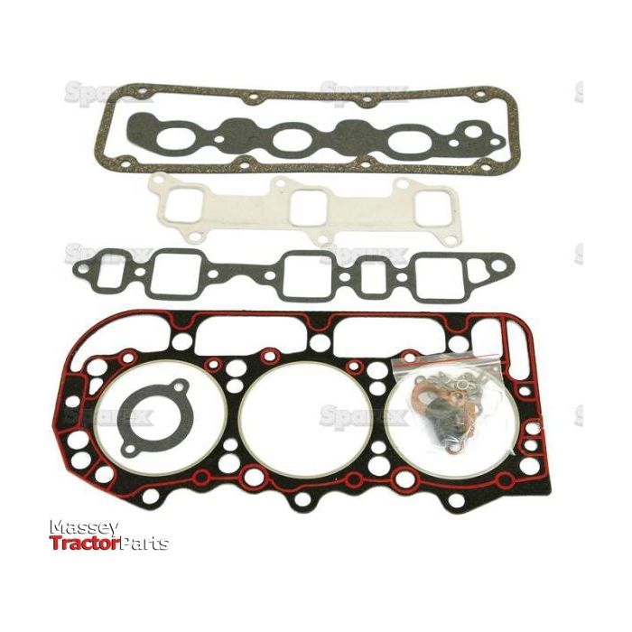 Image of various tractor engine gaskets laid out flat, including a large head gasket, intake manifold gaskets, and smaller sealing components. The parts are identified as Sparex Massey Tractor Parts; compatible with BSD333 Ford Engine and part of the Top Gasket Set - 3 Cyl. (BSD333) collection (Sparex Part No.S.65293).