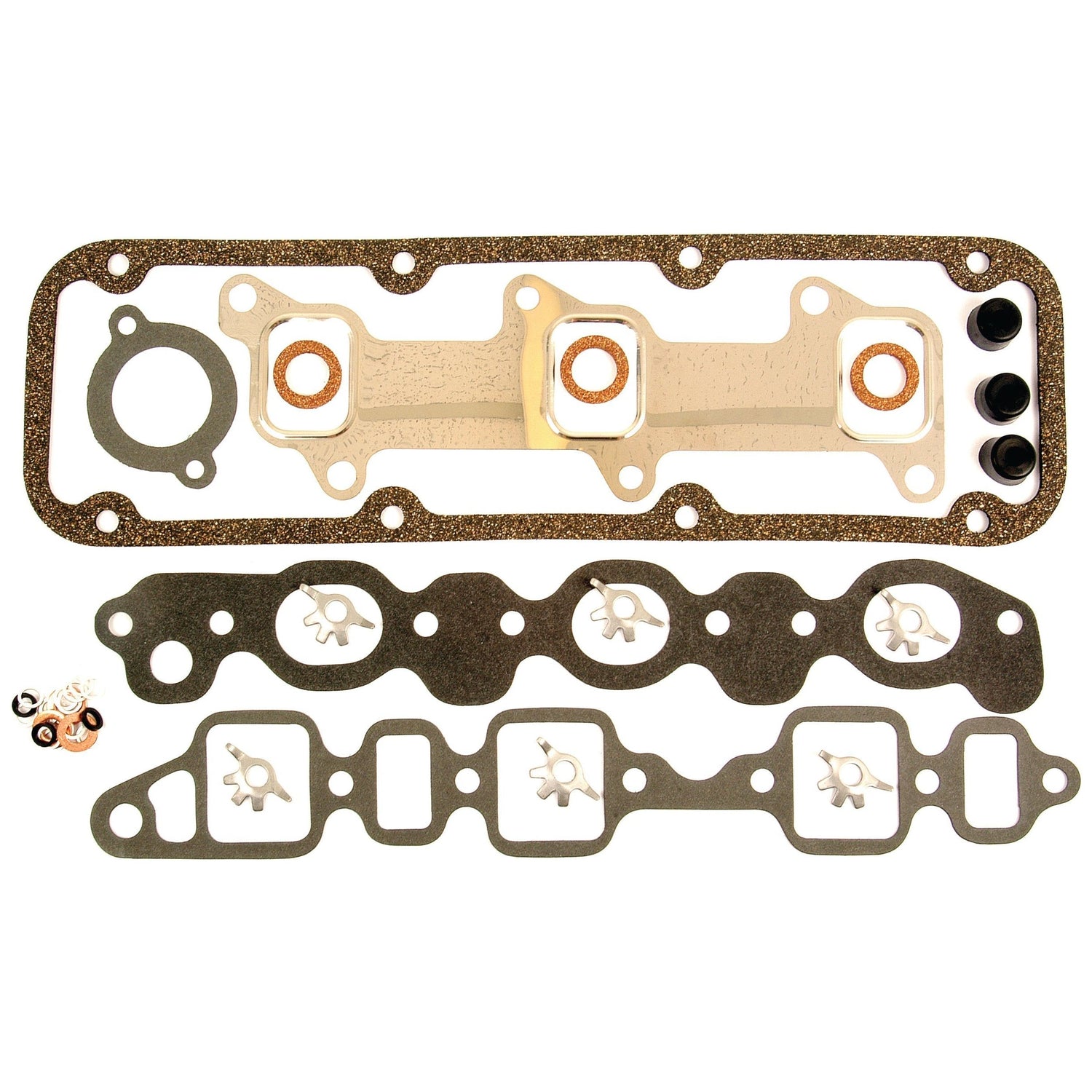 A neatly arranged Top Gasket Set - 3 Cyl. (Sparex Part No. S.65992) from Sparex, including head gaskets, seal rings, and various small rubber components, designed for Ford New Holland vehicles on a white background.
