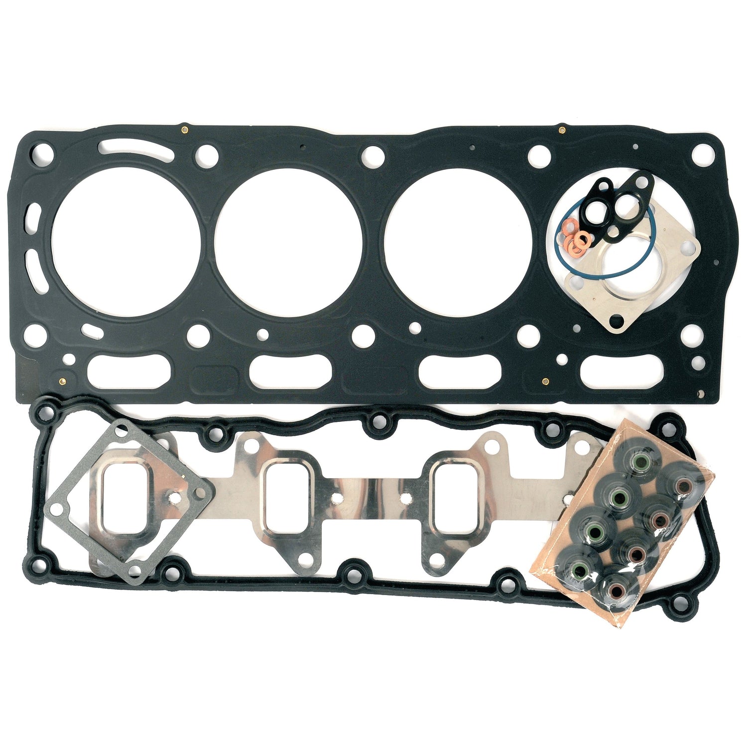 The Sparex Top Gasket Set - 4 Cyl. (model numbers 1104, 1104DE44T, 1104DE44TA, and 1104D44) is displayed on a white background. The set includes a head gasket with multiple circular openings, alongside several smaller gaskets compatible with Perkins Engine models. This product is listed as U5LT0537 under Sparex Part No.S.43914.