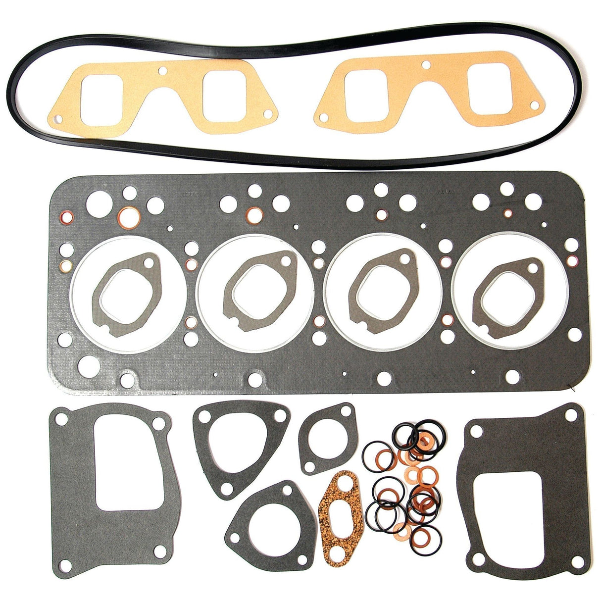 The Sparex Top Gasket Set - 4 Cyl. (8045.02, 8045.06), Part No. S.62104, is ideal for maintaining a 4-cylinder engine and includes a range of gaskets and seals such as head gaskets, O-rings, and a valve cover gasket—perfect for Iveco Engine Models 8045.02 and 8045.06.