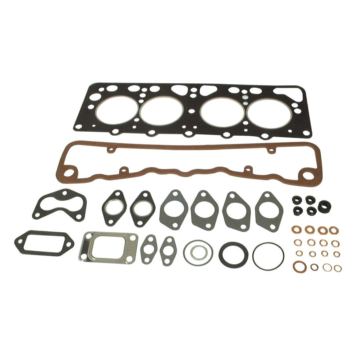 The Sparex Top Gasket Set - 4 Cyl. (AD4/55-T, AD4/49) | Sparex Part No.S.57551 for Case IH / International Harvester engines includes an array of automotive gaskets and seals displayed on a white background, such as head gaskets, valve cover gaskets, and various smaller O-rings and washers.