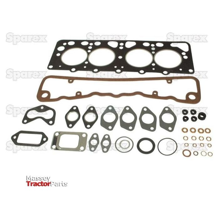 A range of metal gaskets and seals meticulously arranged on a white background, labeled "Massey Tractor Parts" and "Sparex," showcasing components ideal for Case IH / International Harvester. Featured prominently is the Top Gasket Set - 4 Cyl. (AD4/55-T, AD4/49) with Sparex Part No. S.57551 from the Sparex brand.