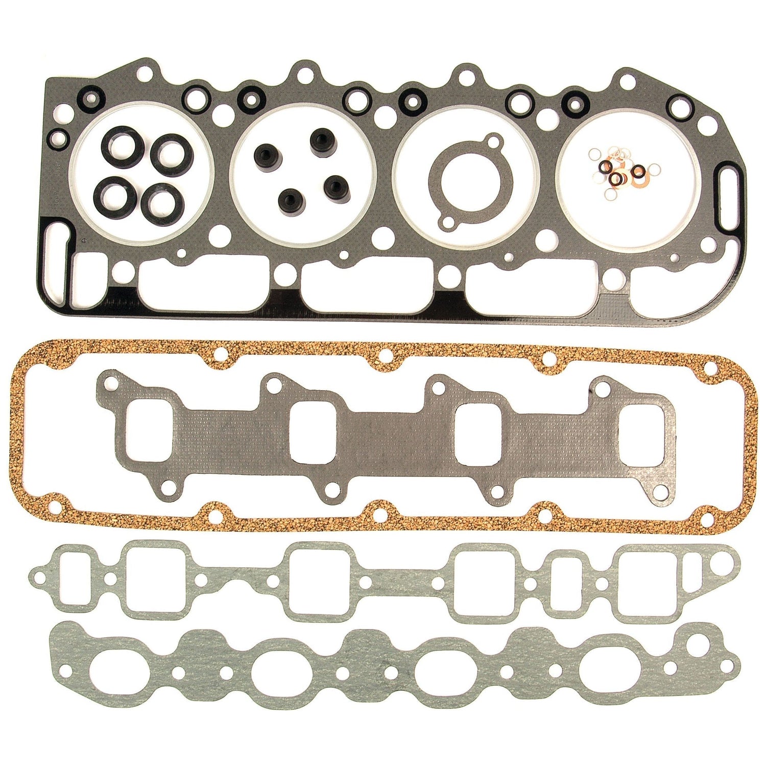 A Top Gasket Set from Sparex (Part No.S.65296) for the Ford Engine BSD442, containing a head gasket, intake manifold gasket, and various seals, all meticulously arranged in an organized layout.