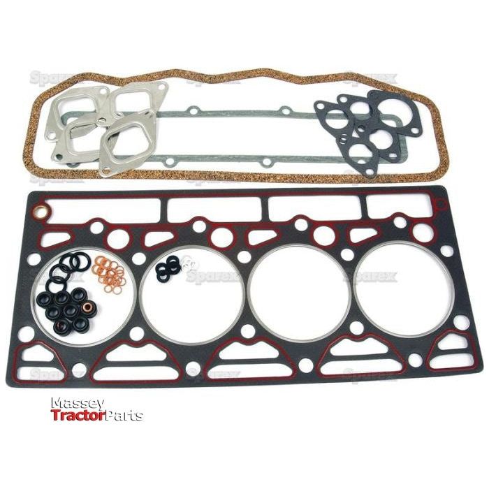 A set of tractor gaskets and seals laid out, including a head gasket, O-rings, and additional gaskets, labeled "Top Gasket Set - 4 Cyl. (D206, D239, D246) | Sparex Part No. S.57678 by Sparex.