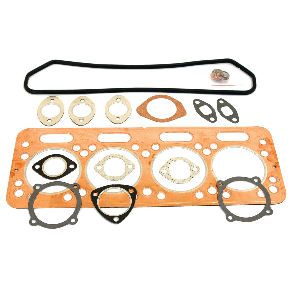 The Sparex Top Gasket Set - 4 Cyl. (OMCO3) (Sparex Part No.S.62088) for a Fiat engine includes a head gasket, valve cover gasket, and various other seals specifically designed for a 4-cylinder setup, all neatly arranged on a white background.