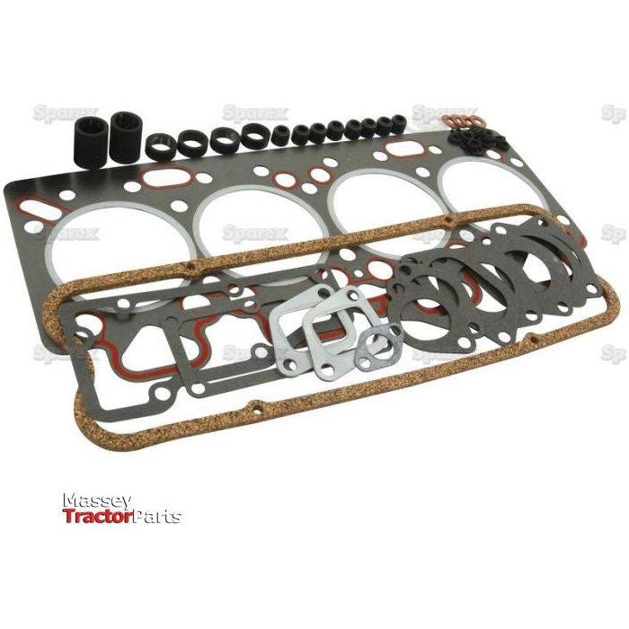 A set of tractor engine gaskets and seals, displayed in various shapes and sizes including metal and cork materials, designed for both Massey Ferguson engines and Landini engines is available from Massey Tractor Parts under the product name Top Gasket Set - 4 Cyl. | Sparex Part No. S.43568 by the brand Sparex.