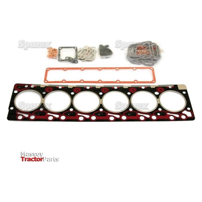 A Top Gasket Set - 6 Cyl. (5.9, 6B, 6BT, 6BTA, 6T590, 6TA590), also known as Sparex Part No.S.59507, featuring a black and red head gasket along with a rectangular gasket and various small components is arranged on a white surface. The text "Massey Tractor Parts" appears in the bottom left corner and is compatible with Case IH machinery.