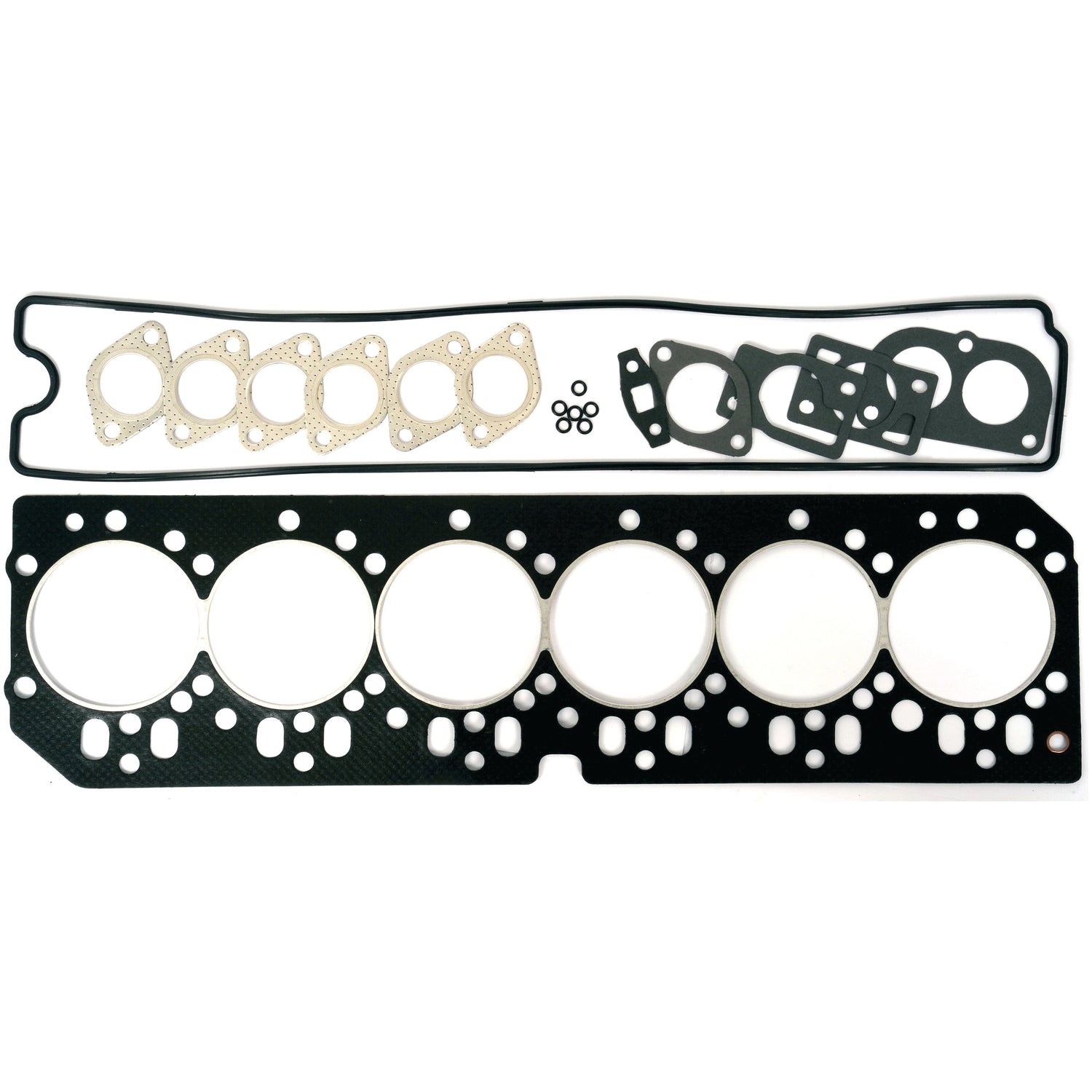 A neatly arranged set of various gaskets featuring a large black John Deere 6 Cyl. multi-cylinder head gasket in the foreground and several smaller gaskets and O-rings in the background, all part of the Sparex Top Gasket Set - 6 Cyl. (6.068T, 6.8D/T) | Sparex Part No.S.31779.