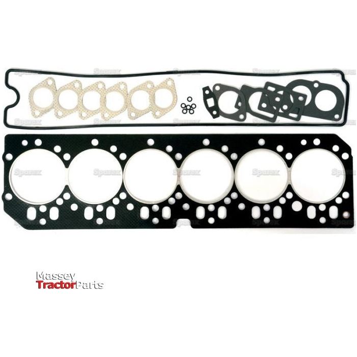 Sparex Top Gasket Set - 6 Cyl. (6.068T, 6.8D/T) | Sparex Part No.S.31779, including a head gasket, various smaller gaskets, and seals arranged on a white background. Ideal for 6 Cyl. engines as found in some John Deere models.