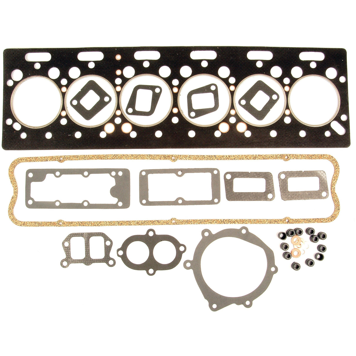 A collection of engine gaskets and seals, including the Sparex Top Gasket Set for 6 Cylinder Perkins engines (models A6.354, A6.354.1, AT6.354.1, T6.354.1), is arranged on a white background.
