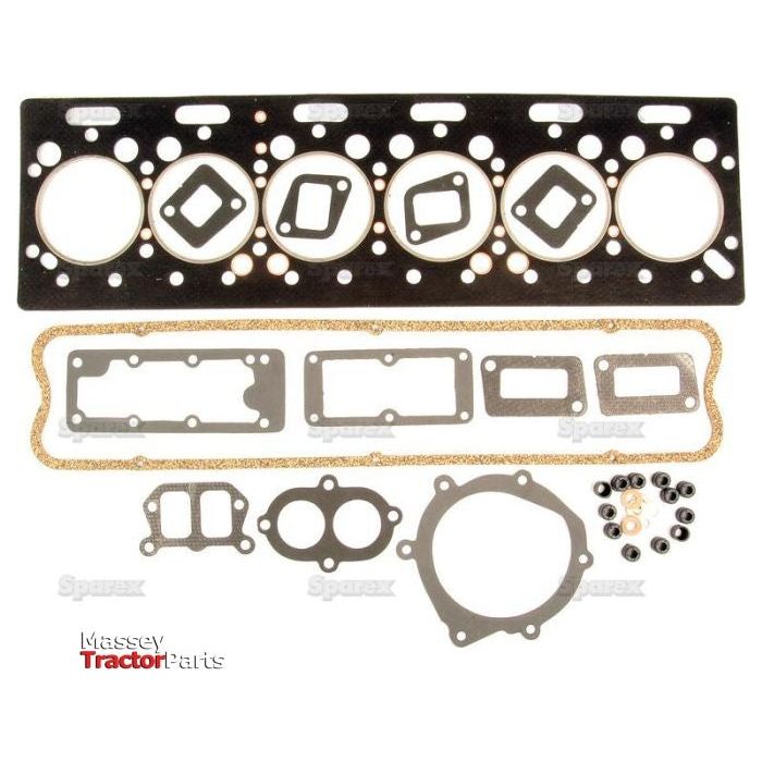 The Top Gasket Set - 6 Cyl. (A6.354, A6.354.1, AT6.354.1, T6.354.1) by Sparex, featuring cylinder seals, head gaskets, exhaust gaskets, and other related components for Perkins engines, is displayed on a white background.