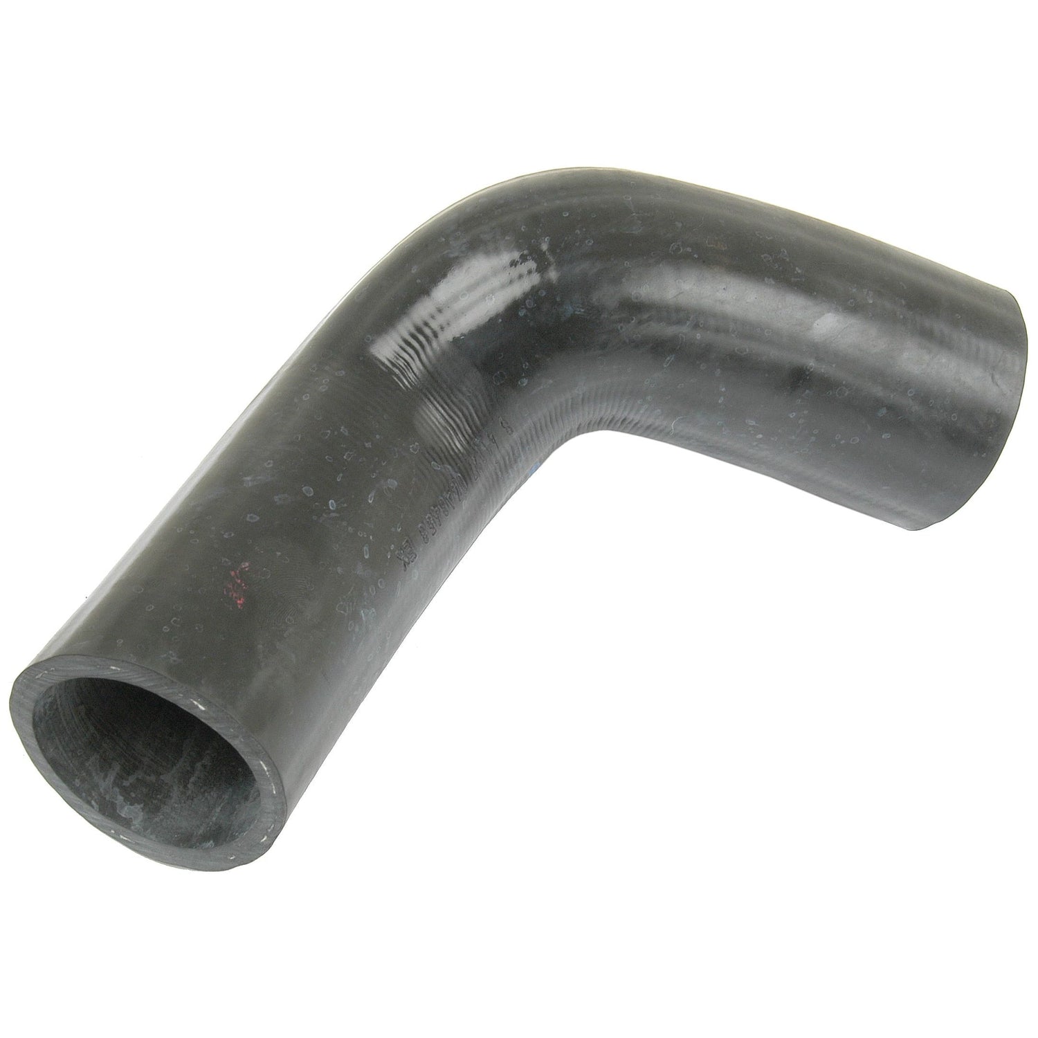 The Sparex Top Hose (Part No. S.41827) is a black, curved rubber hose with a 90-degree bend, featuring some texture and sheen, and an inner diameter of 52mm at both ends. It is ideal for use in Massey Ferguson 365.