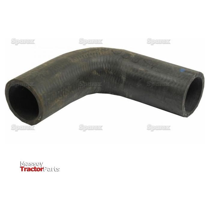 A black, L-shaped rubber hose with an inner diameter of 38mm at both ends sits against a white background, featuring the "Massey Tractor Parts" logo in the lower left corner and comes with an attached Sparex hose clip. This product is known as the Top Hose, Sparex Part No. S.58802.