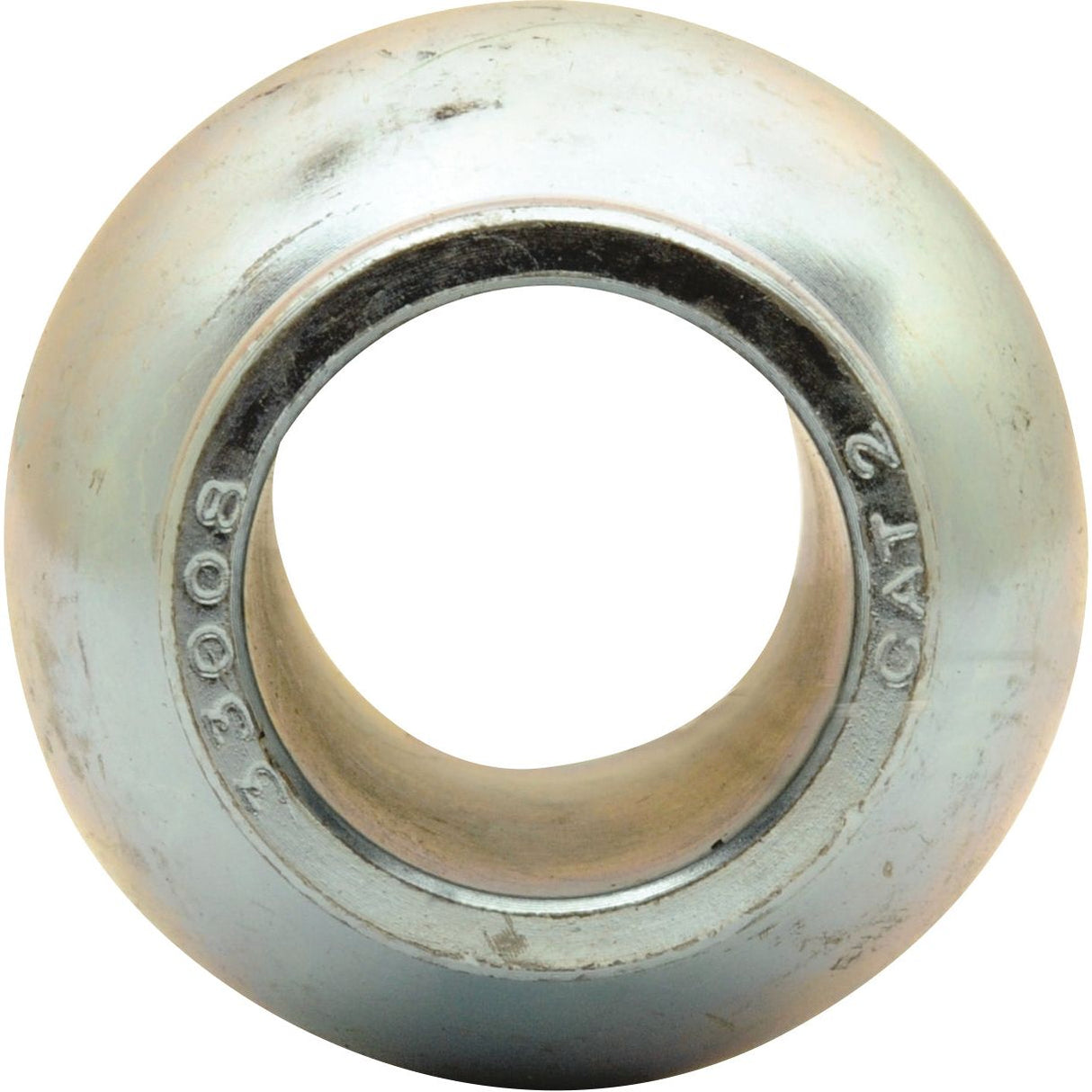 A metal spherical joint bearing, identified as the "Top Link Ball (Cat. 2/2) - S.33008" by Sparex, features a central hole and is marked with the number "33008" and label "CAT 2." Suitable for various applications, this bearing includes detailed manufacturing information and precise product specifications.