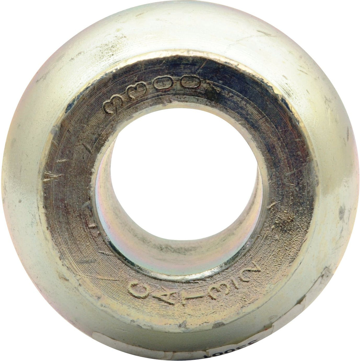 Close-up image of a metallic cylindrical Top Link Ball (Cat. 3/2) - S.33004 by Sparex, featuring a large central hole and minor surface wear. Manufacture information and text with numbers are engraved around the outer edge.