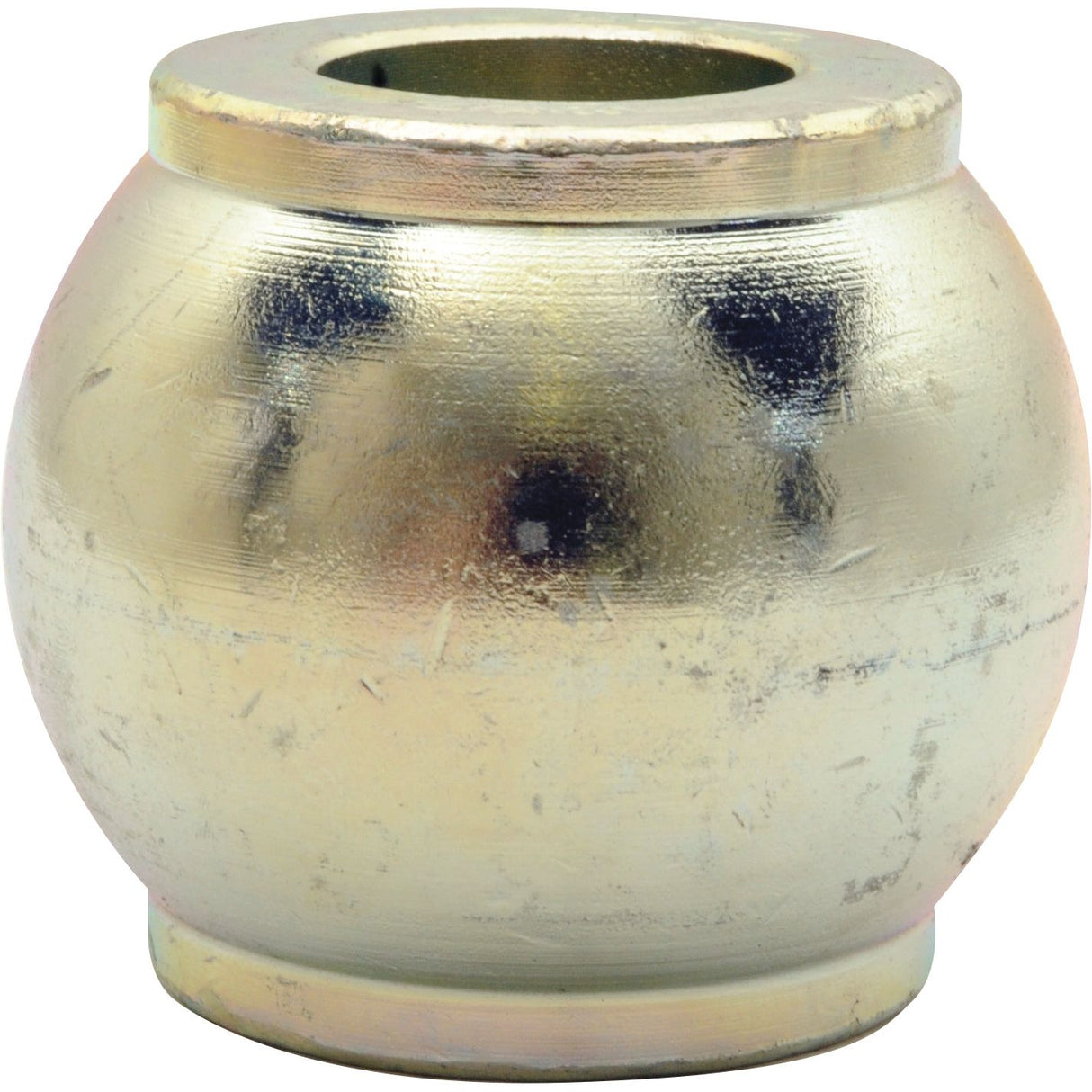 Introducing the Top Link Ball (Cat. 3/2) - S.33004 by Sparex: A metallic spherical object featuring a cylindrical hole at the top and a flat base, with a scratched and worn surface suitable for various uses.