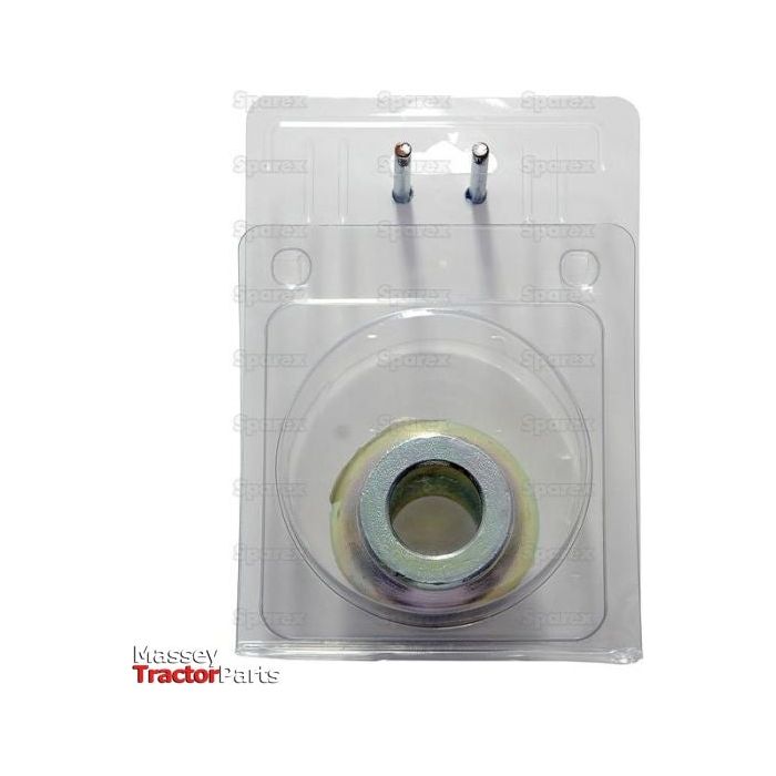 A packaged tractor part, specifically a Top Link Ball (Cat. 3/2), featuring a circular metal component made of 20Mncr5 steel with a central hole, secured in a clear plastic casing labeled "Sparex," and the "Massey Tractor Parts" logo in the bottom-left corner. The product code is S.23004 and it comes as one piece in an Agripak package.