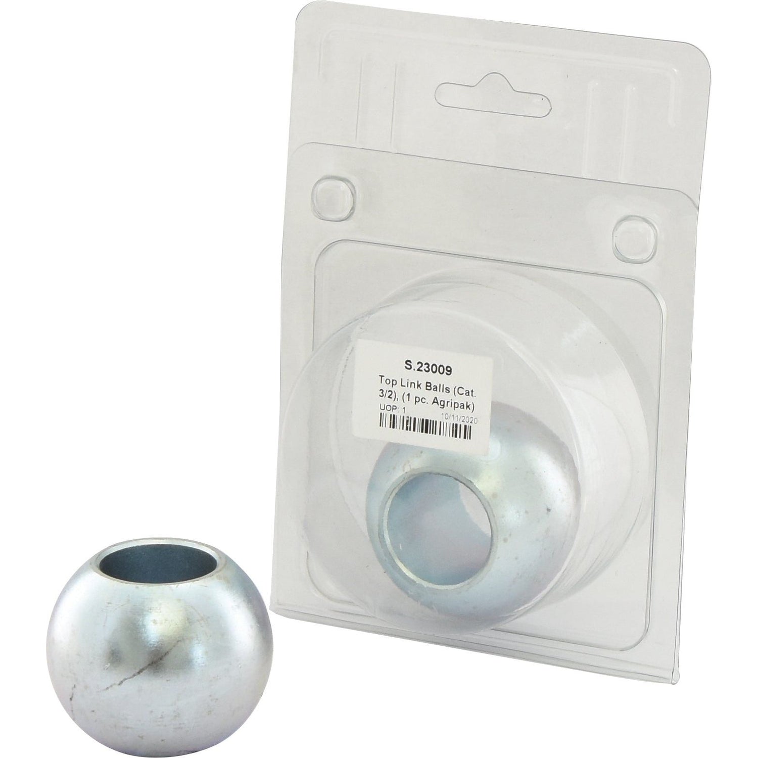 Here is a metallic top link ball, constructed from durable 20Mncr5 steel, displayed alongside another identical ball in packaging. The package bears the label "Top Link Balls (Cat. 3/2), (1pc. Agripak) - S.23009" and showcases the Sparex brand, underscoring their commitment to quality and durability.