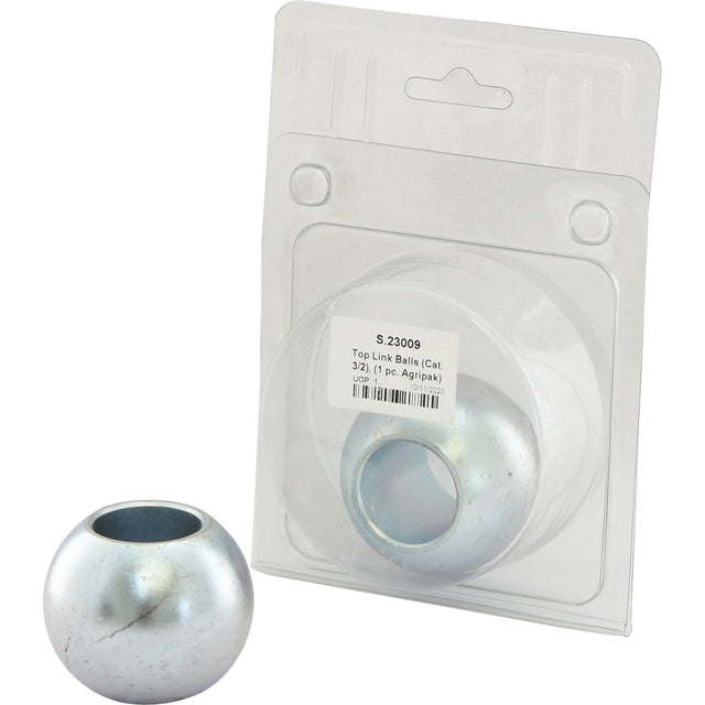 Here is a metallic top link ball, constructed from durable 20Mncr5 steel, displayed alongside another identical ball in packaging. The package bears the label "Top Link Balls (Cat. 3/2), (1pc. Agripak) - S.23009" and showcases the Sparex brand, underscoring their commitment to quality and durability.