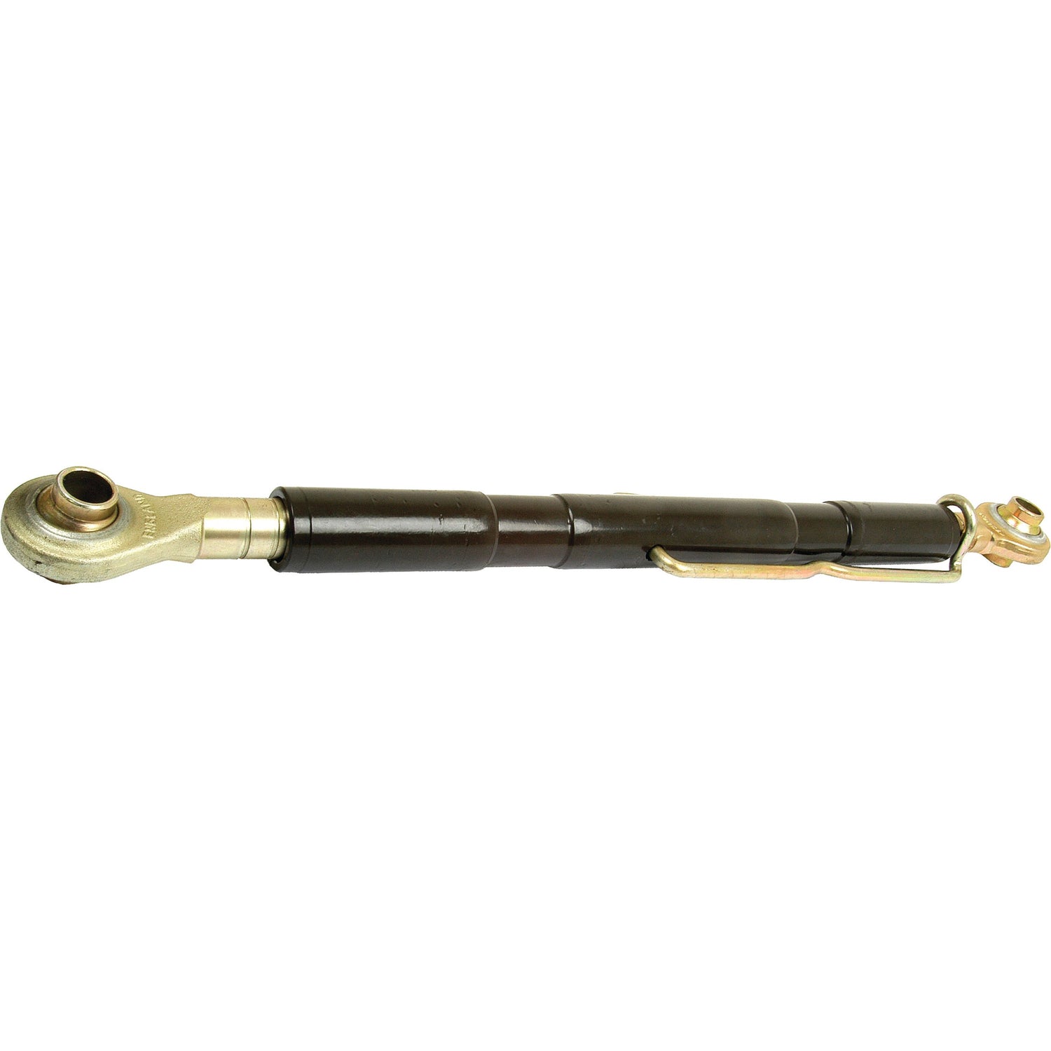 Introducing the Sparex Top Link (Cat.1/1) Ball and Ball, S.15886: a black-bodied hydraulic cylinder with brass-colored metal fittings on both ends, designed specifically for tractors. This model features a customizable thread size of 1 1/16" and an adjustable minimum tube length of 610mm, ensuring optimal performance for your machinery needs.