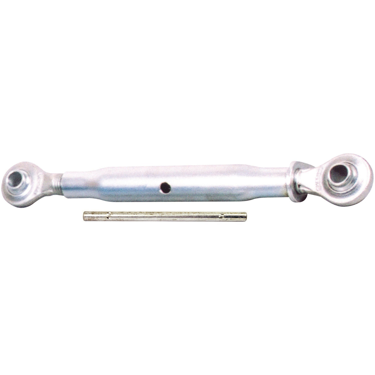 The Sparex Top Link (Cat.1/2) Ball and Ball, 1 1/8'', Min. Length: 560mm - S.473, is a silver tractor top link assembly complete with a pin, featuring two ball socket ends and a threaded adjustable center section, ideal for adjusting tube length.