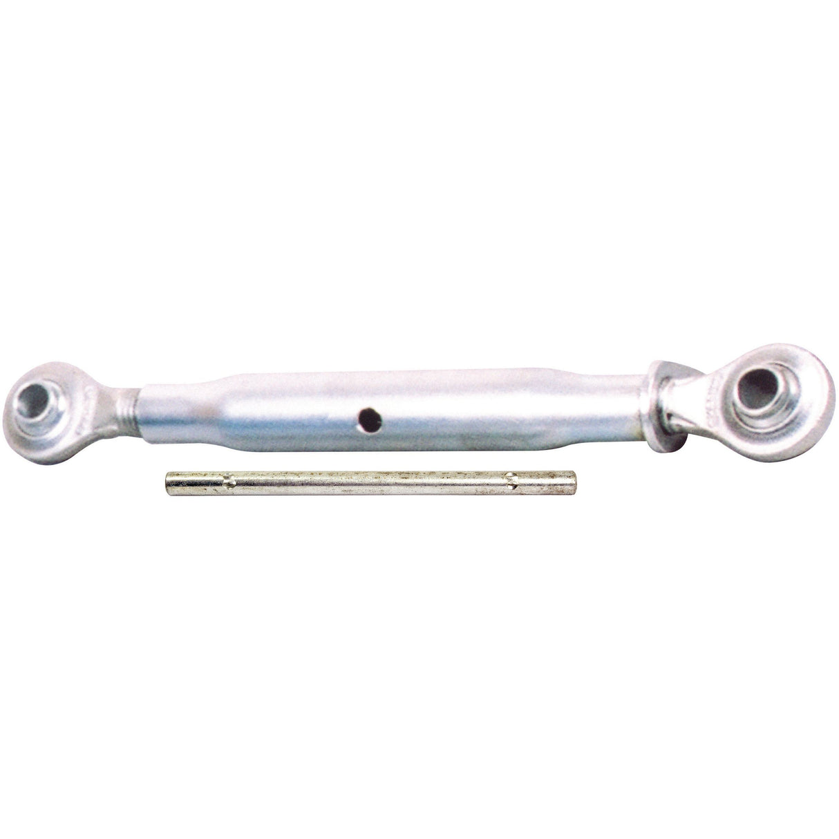 The Sparex Top Link (Cat. 1/2) with Ball - S.15845 is a metallic turnbuckle with eyes on both ends and an accompanying rod placed below it, featuring a precise thread size for secure adjustments.