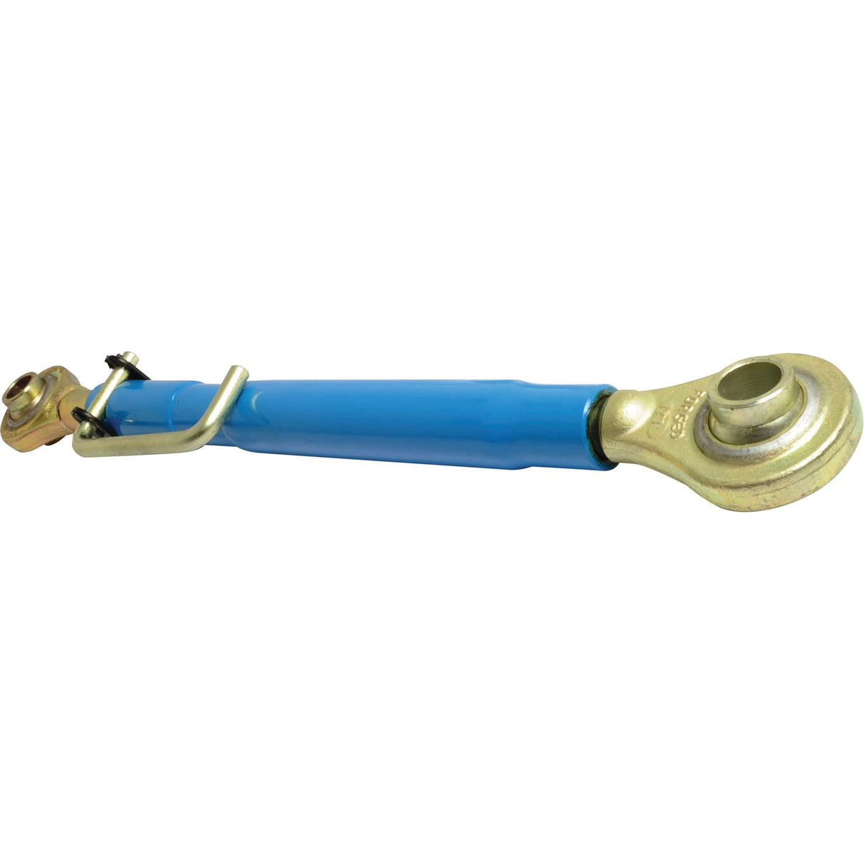 A blue adjustable control arm, featuring gold-colored fittings with a Ball and Ball configuration at both ends—a heim joint on one and a threaded bolt on the other—designed for use in suspension systems, is the perfect Sparex Top Link (Cat. 2/2) replacement end for your tractor implement. Model S.493631, it has a minimum length of 622mm and fits dimensions of 1 1/4".