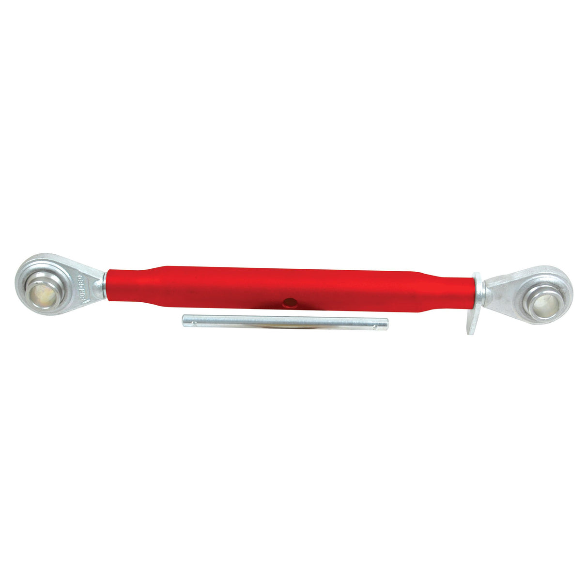 The Sparex Top Link (Cat.2/2) Ball and Ball, 1 1/8'', with a minimum length of 460mm - S.486, features a red adjustable rod with two silver metallic ends and a straight silver pin placed underneath, making it ideal for ensuring the perfect tube length.