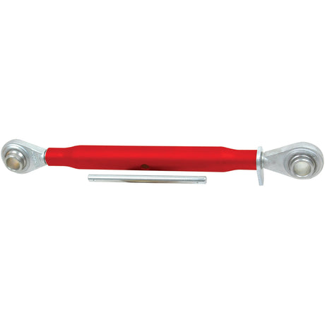 A Top Link from Sparex (Cat.2/2) Ball and Ball, 1 1/8'', with a minimum length of 460mm., featuring a red adjustable turnbuckle, silver end fittings, and an accompanying silver pin laid parallel underneath – ideal for various applications due to its versatile thread size.