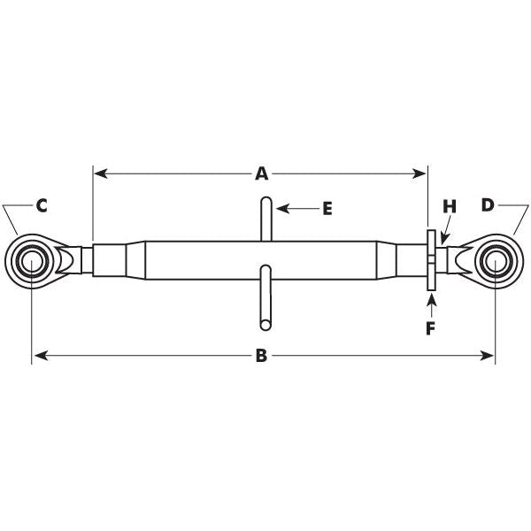 Diagram of a hydraulic cylinder showing labeled dimensions: A, B, C, D, E, F, and H. The cylinder includes eyelets on both ends and a central mount. This Sparex Top Link (Cat.2/2) Ball and Ball, 1 1/8'', with a minimum length of 549mm - S.17841 attaches seamlessly to John Deere tractor parts for optimal performance.