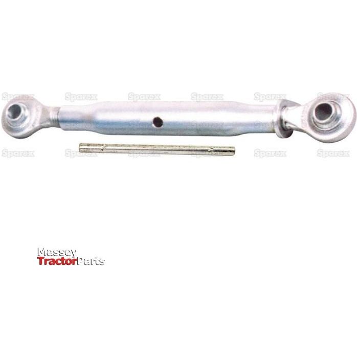A metal top link implement for a tractor, featuring two large eyelets at each end and a smaller metal rod below it, displayed against a white background. The image includes the text "Massey Tractor Parts" and "Sparex" in red and black.