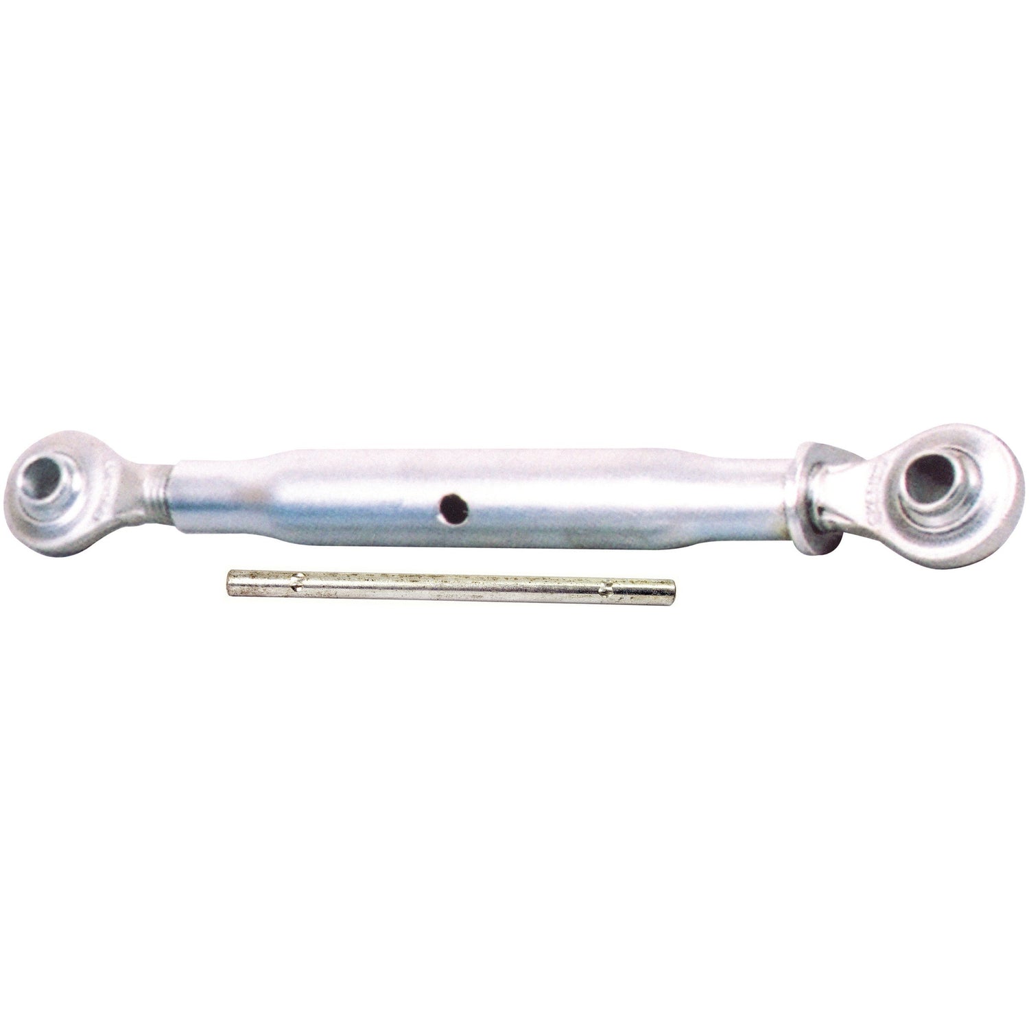A Sparex Top Link (Cat.2/2) Ball and Ball, 1 1/8'', Min. Length: 570mm. - S.476 with eyelets at both ends and a separate rod displayed below it, ideal for tractor implement replacement parts.